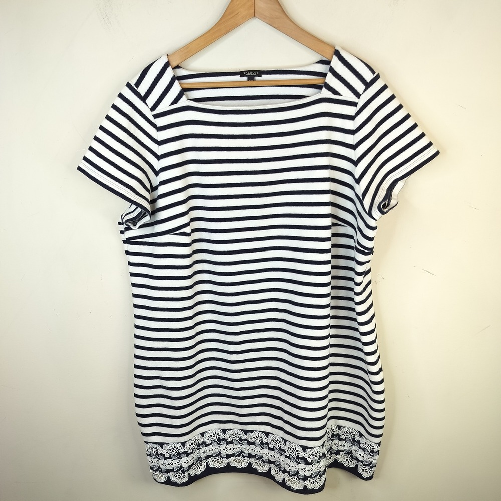 Talbots Striped Dress 3X Petite 3XP Lace Trim Coastal Navy White Cotton